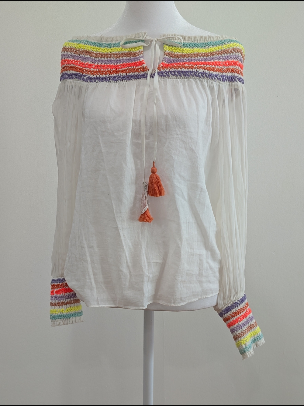 Alice + Olivia White Off-Shoulder Blouse with Multicolor Crochet Accents